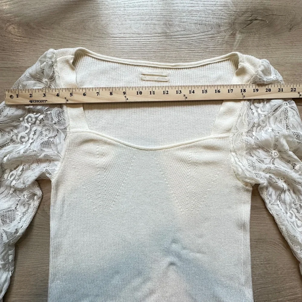 Anthropologie Sweater Sweetheart Lace Sleeve Romantic Coquette Ivory M